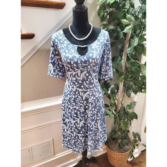 Perseption Concept Women Blue Floral Round Neck Half Sleeve Knee Length Dress L - Picture 1 of 10